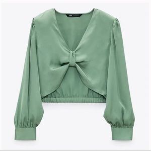 NWT ZARA GREEN SILK KNOT TOP SIZE XS